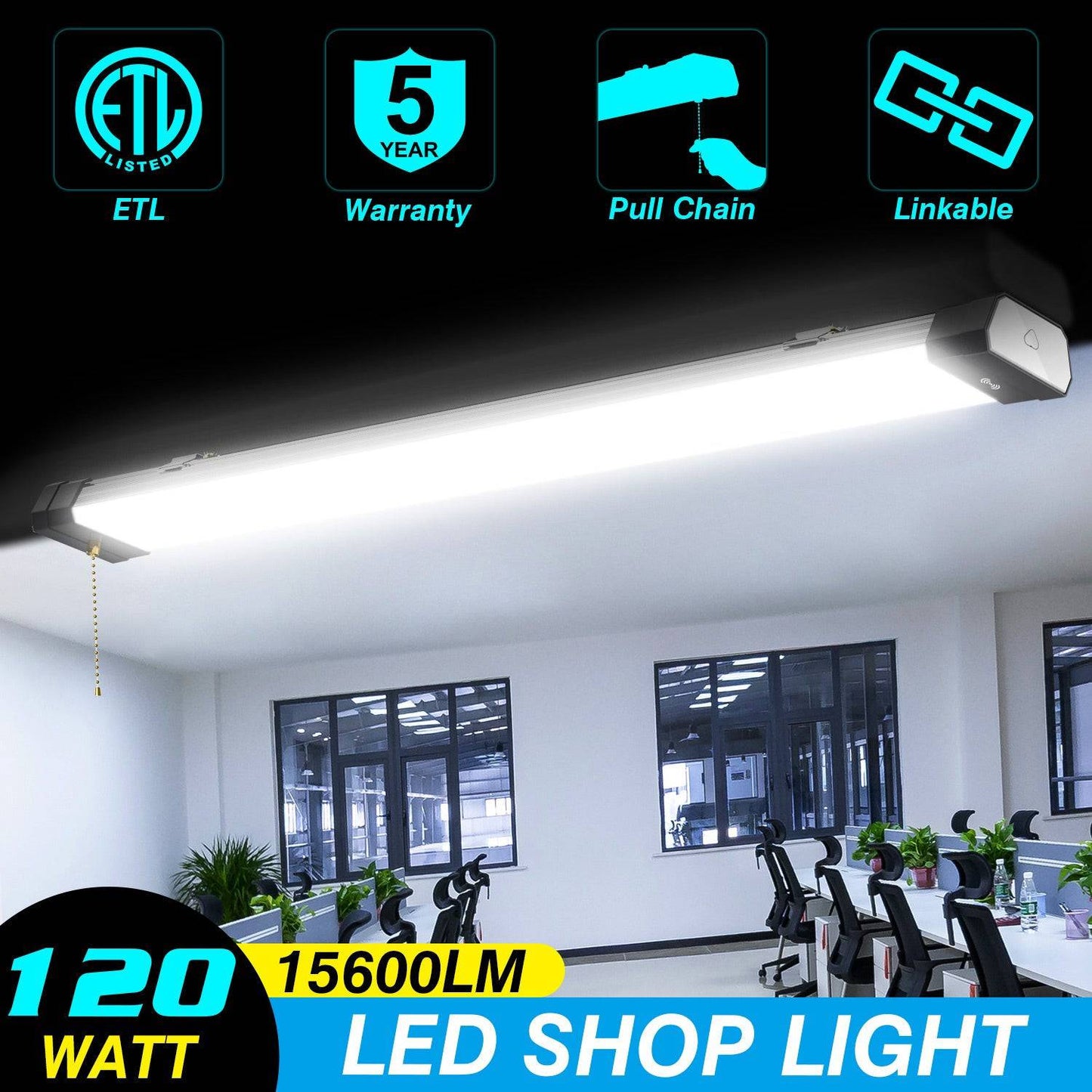 120W LED Shop Light, 4FT, 15600LM, 5000K, Linkable, With Plug, 120V±10%, ON/Off Pull Chain, Suspended & Flush Mount