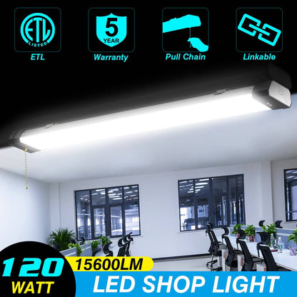 120W LED Shop Light, 4FT, 15600LM, 5000K, Linkable, With Plug, 120V±10%, ON/Off Pull Chain, Suspended & Flush Mount