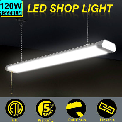 120W LED Shop Light, 4FT, 15600LM, 5000K, Linkable, With Plug, 120V±10%, ON/Off Pull Chain, Suspended & Flush Mount