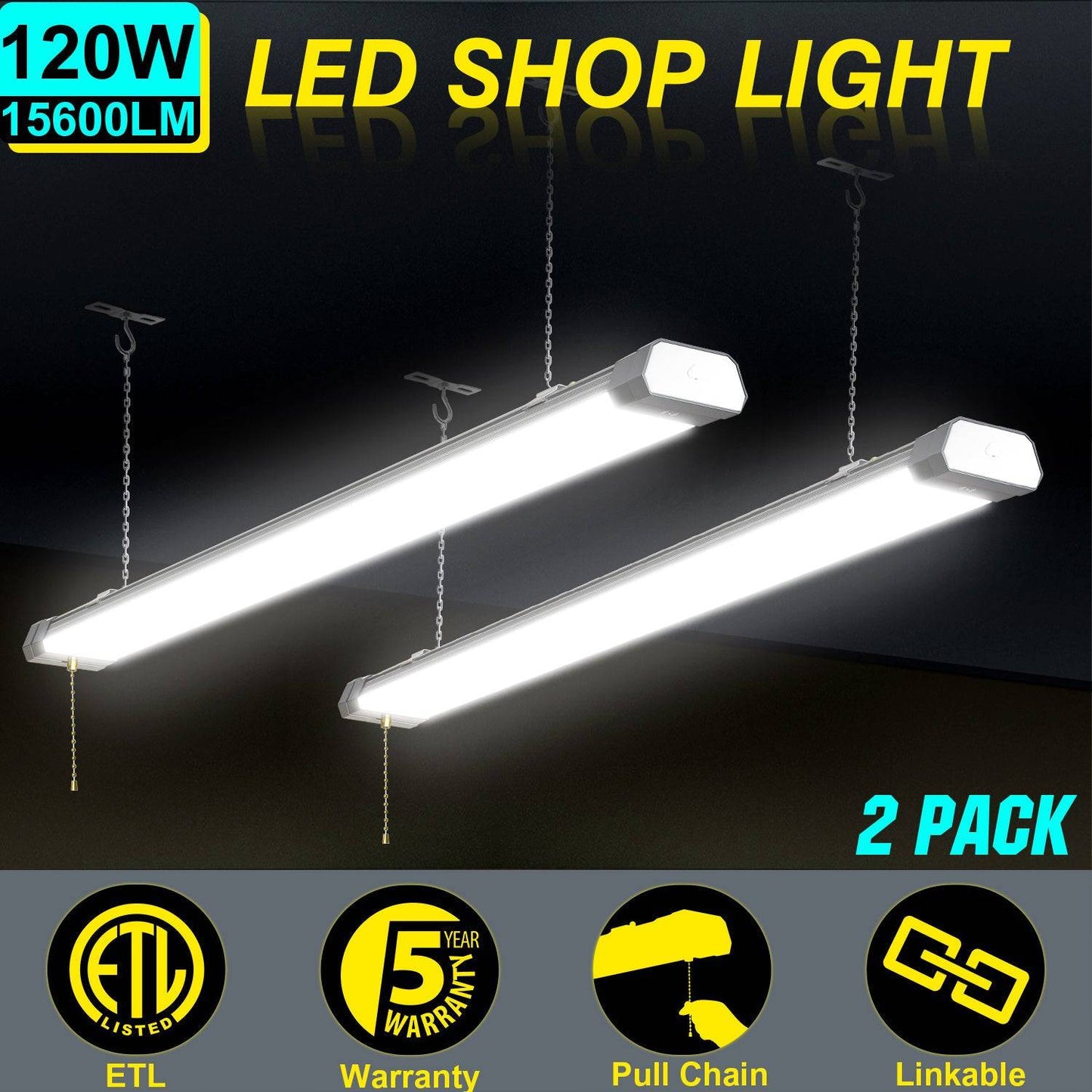 120W LED Shop Light, 4FT, 15600LM, 5000K, Linkable, With Plug, 120V±10%, ON/Off Pull Chain, Suspended & Flush Mount