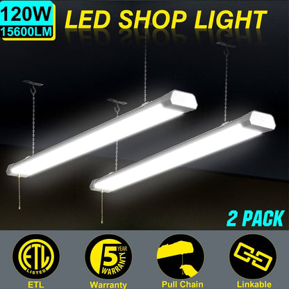 120W LED Shop Light, 4FT, 15600LM, 5000K, Linkable, With Plug, 120V±10%, ON/Off Pull Chain, Suspended & Flush Mount