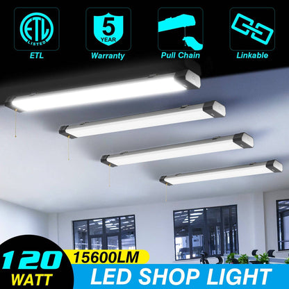 120W LED Shop Light, 4FT, 15600LM, 5000K, Linkable, With Plug, 120V±10%, ON/Off Pull Chain, Suspended & Flush Mount