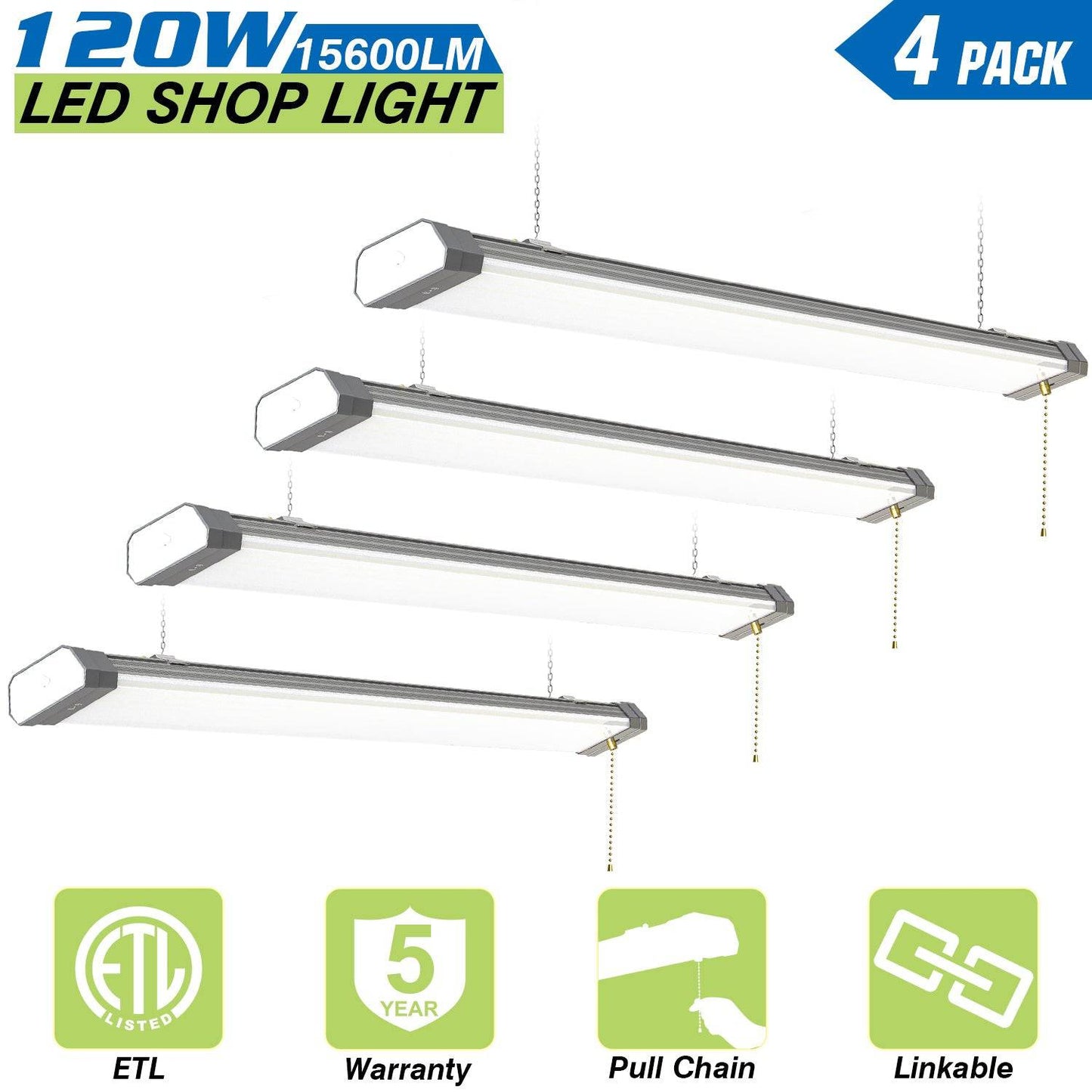 120W LED Shop Light, 4FT, 15600LM, 5000K, Linkable, With Plug, 120V±10%, ON/Off Pull Chain, Suspended & Flush Mount
