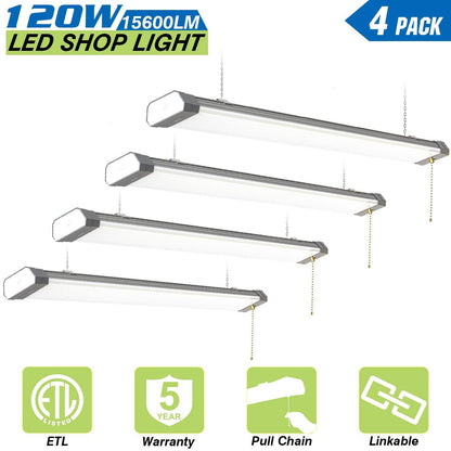 120W LED Shop Light, 4FT, 15600LM, 5000K, Linkable, With Plug, 120V±10%, ON/Off Pull Chain, Suspended & Flush Mount