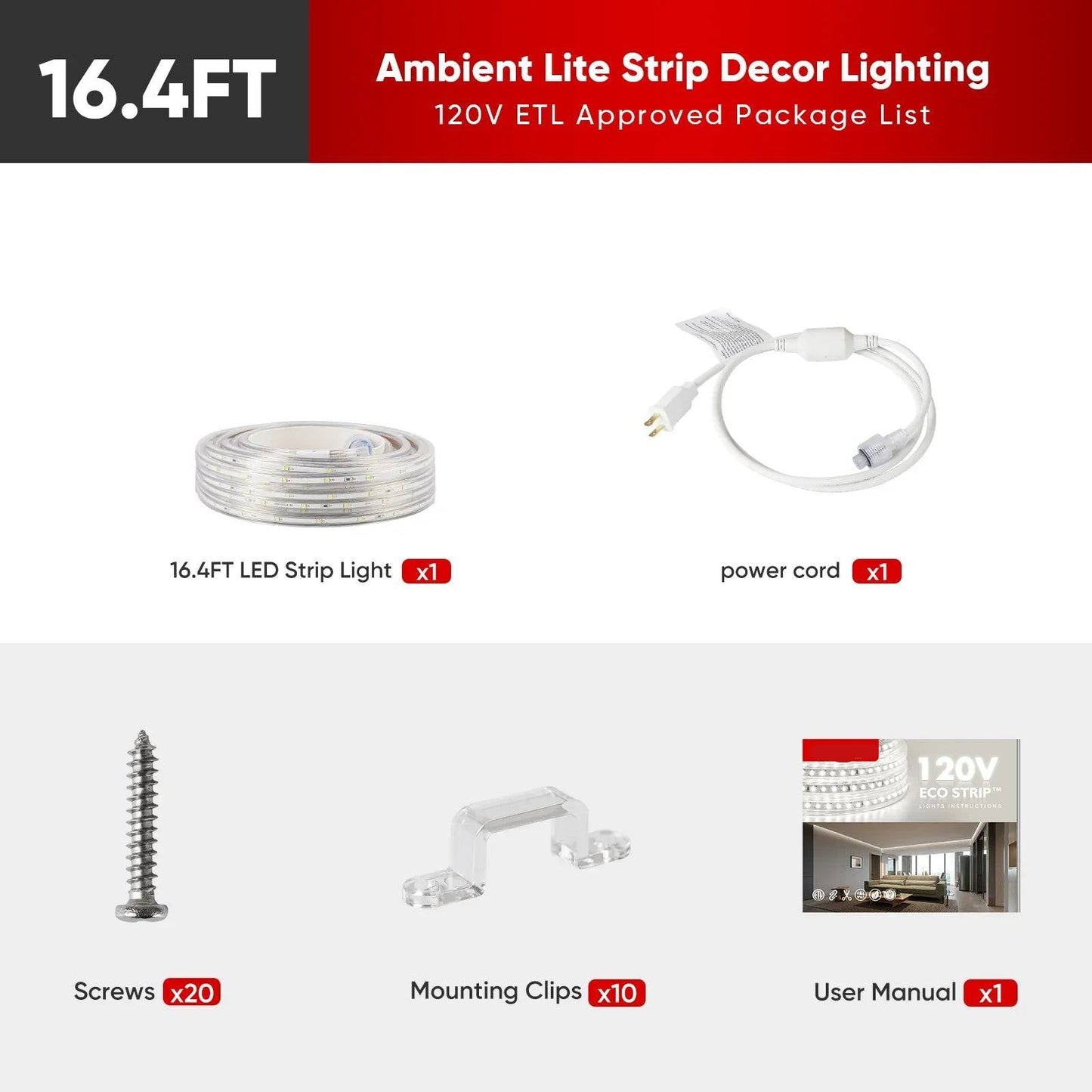 110V Strip LED Strip Light 6000K Cool White for Bright and Modern Ambient Lighting - 180 Lumens/M