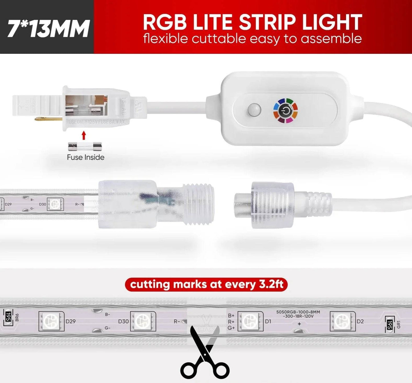 120V Dimmable RGB LED Strip Light - Soft Ambient Lighting for Bedroom, Kitchen, Home Decor - 180 Lumens