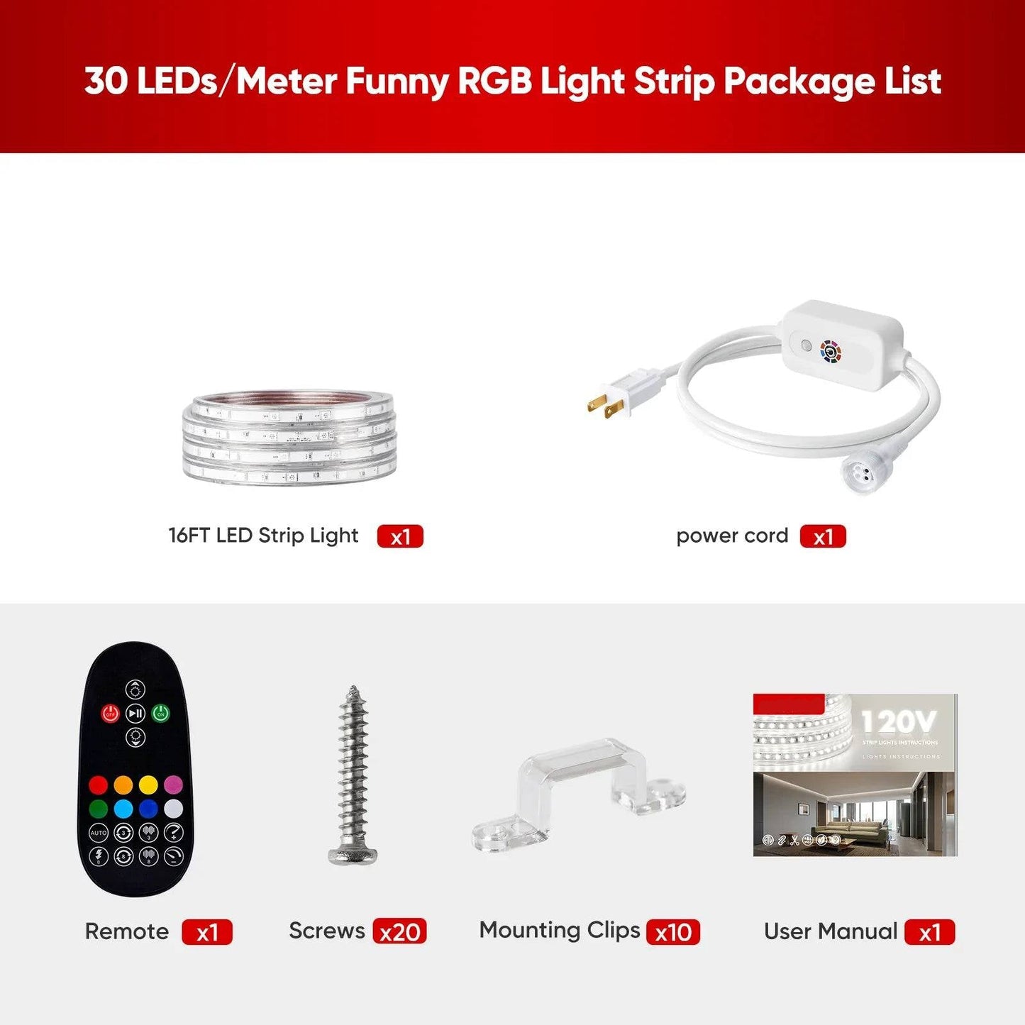 120V Dimmable RGB LED Strip Light - Soft Ambient Lighting for Bedroom, Kitchen, Home Decor - 180 Lumens