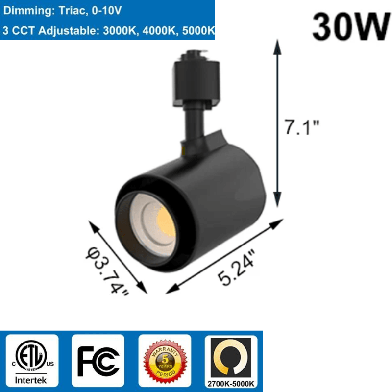 LED Track Light - Zoomable, Selectable 20W/15W/10W and CCT 2700K/3000K/3500K/4000K/5000K, 1,800 Lumens, 120 VAC
