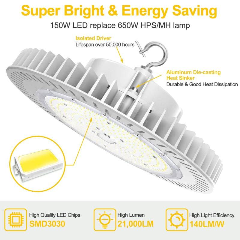 LED UFO High Bay Light, 150W, CCT 5000K, 22500 Lumens, 100-277 VAC
