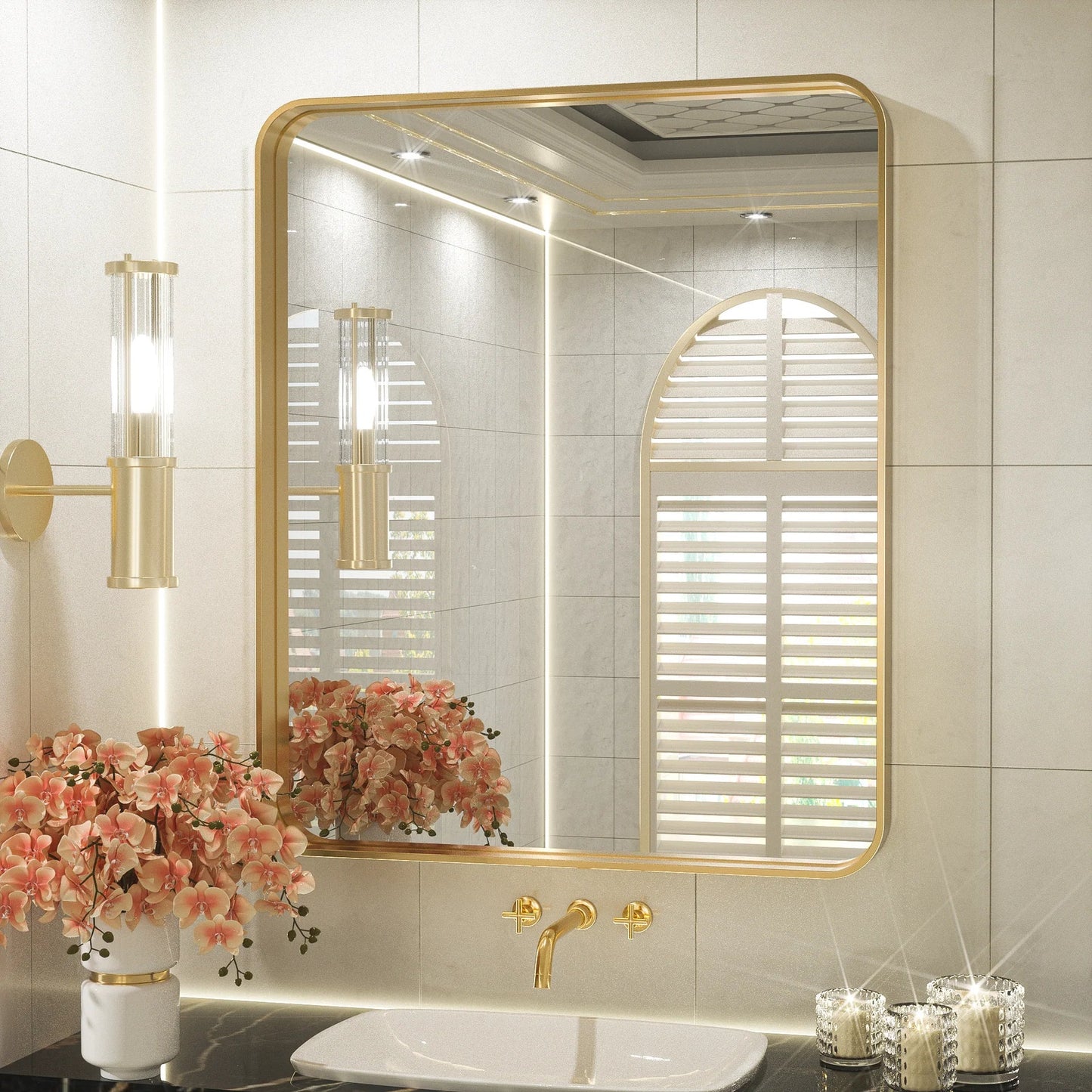 Gold Round Corner Metal Frame Mirror – Rectangular Wall Mirror with Shatterproof Glass - Vertical or Horizontal Mount – Modern Luxury Accent