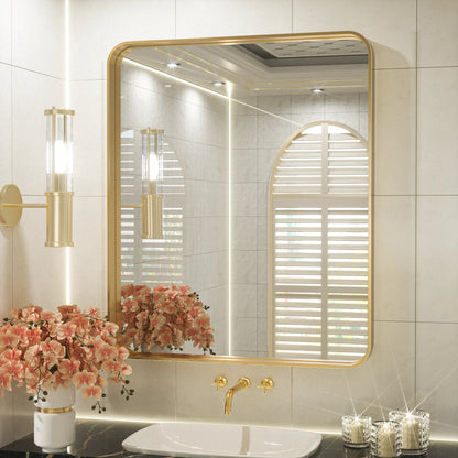 Gold Round Corner Metal Frame Mirror – Rectangular Wall Mirror with Shatterproof Glass - Vertical or Horizontal Mount – Modern Luxury Accent
