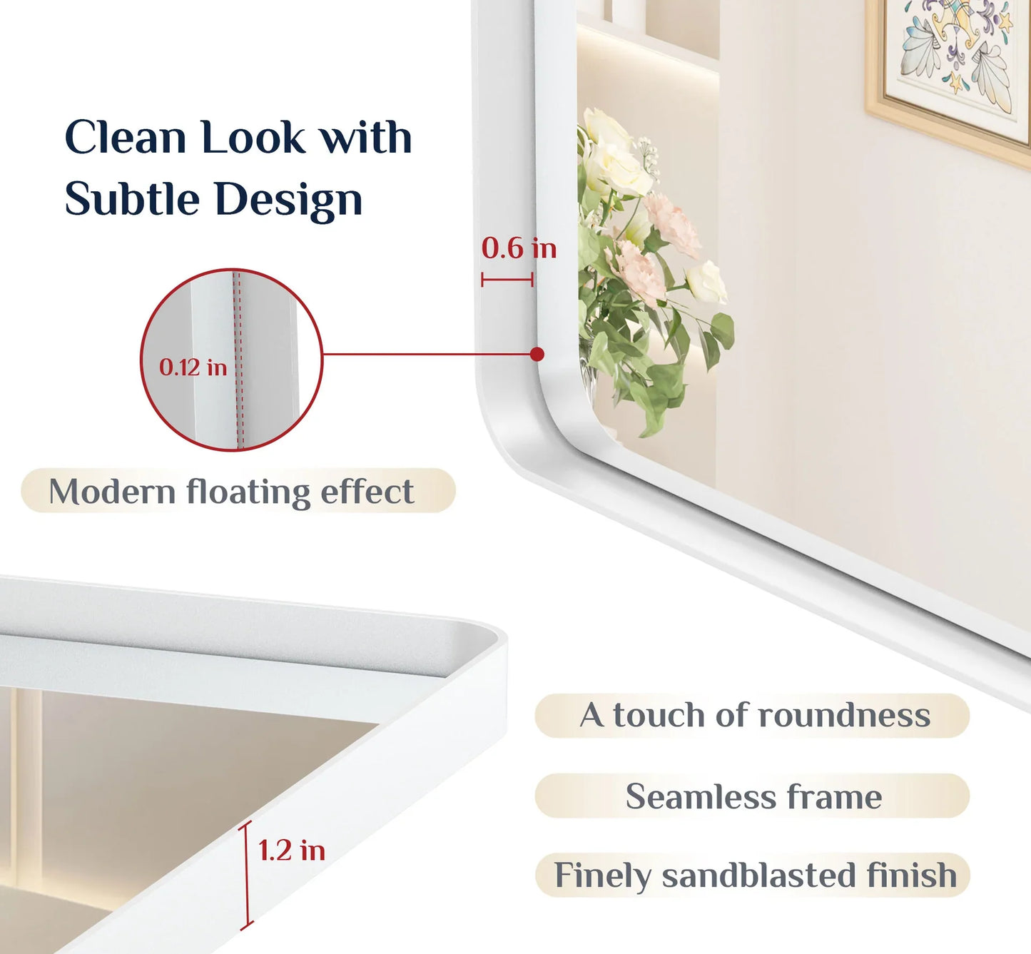 White Hard Corner Thin Frame Metal Mirror – Modern Rectangular Wall-Mounted Mirror with Shatterproof Copper-Free Glass