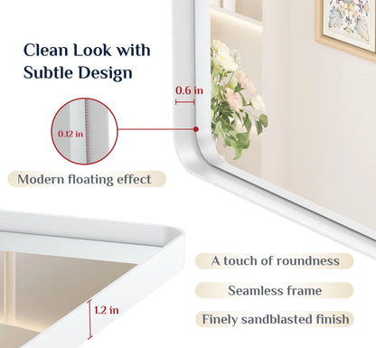 White Hard Corner Thin Frame Metal Mirror – Modern Rectangular Wall-Mounted Mirror with Shatterproof Copper-Free Glass