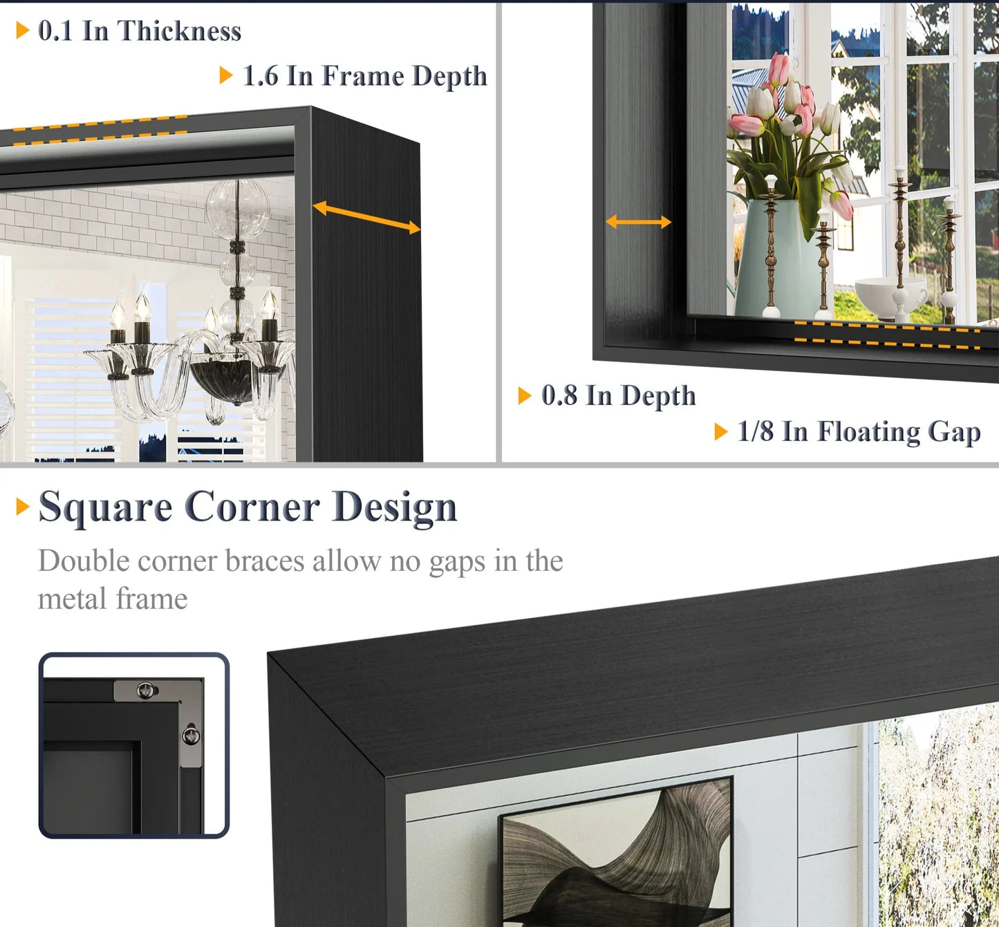 Black Hard Corner Metal Frame Mirror – Rectangular Wall Mirror with Shatterproof Copper-Free Glass - Vertical or Horizontal Mount