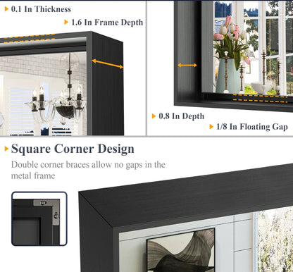Black Hard Corner Metal Frame Mirror – Rectangular Wall Mirror with Shatterproof Copper-Free Glass - Vertical or Horizontal Mount
