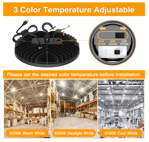 LED UFO High Bay Light, Selectable 150W/120W/90W and CCT, 21,000 Lumens, 100-277 VAC