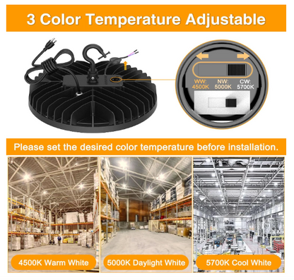 LED UFO High Bay Light, Selectable 150W/120W/90W and CCT, 21,000 Lumens, 100-277 VAC