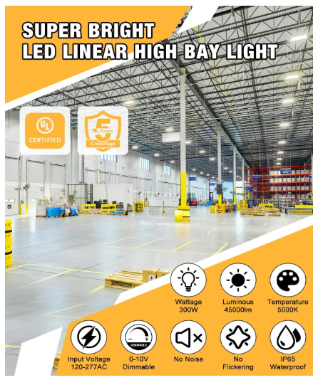 LED Linear High Bay Light, 3ft, 300W, CCT 5000K, 45,000 Lumens, 100-277V
