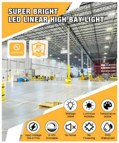 LED Linear High Bay Light, 3ft, 300W, CCT 5000K, 45,000 Lumens, 100-277V