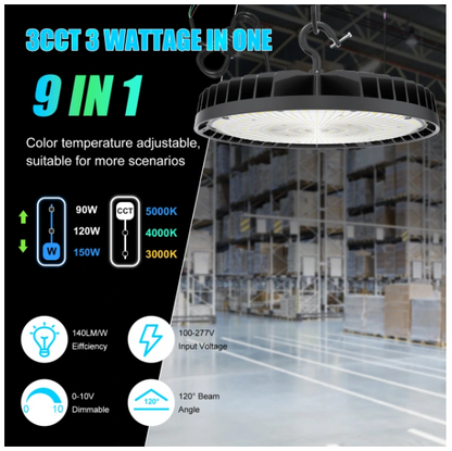 LED UFO High Bay Light, Selectable 90W/120W/150W, 21,000 Lumens, 5000K, 100-277 VAC