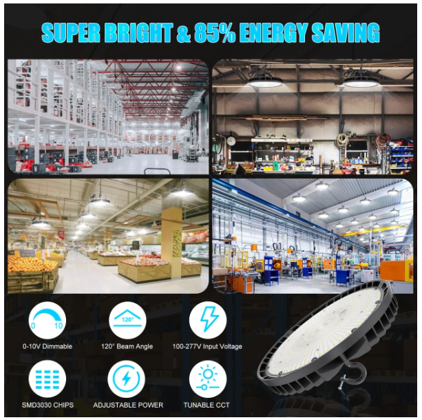 LED UFO High Bay Light, Selectable 240W/200W/150W and CCT, 33,600 Lumens, 100-277 VAC