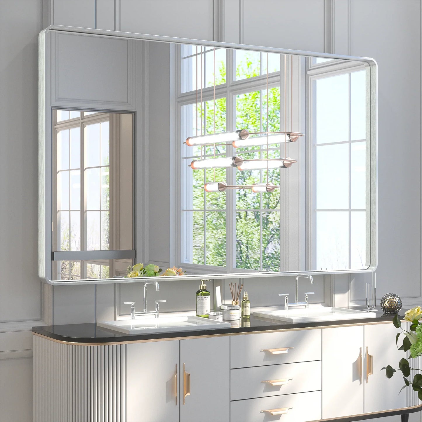 Silver Round Corner Metal Frame Mirror – Rectangular Wall Mirror with Polished Beveled Edge – Modern Vanity and Bathroom Mirror