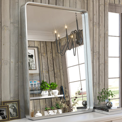 Silver Round Corner Metal Frame Mirror – Rectangular Wall Mirror with Polished Beveled Edge – Modern Vanity and Bathroom Mirror