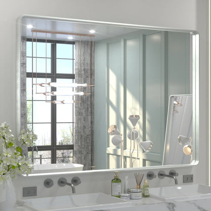 Silver Round Corner Metal Frame Mirror – Rectangular Wall Mirror with Polished Beveled Edge – Modern Vanity and Bathroom Mirror