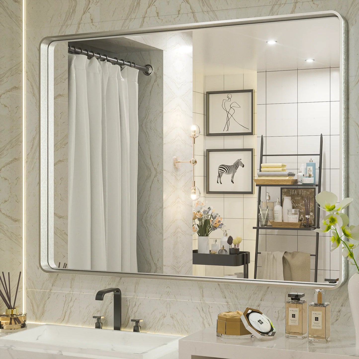 Silver Round Corner Metal Frame Mirror – Rectangular Wall Mirror with Polished Beveled Edge – Modern Vanity and Bathroom Mirror