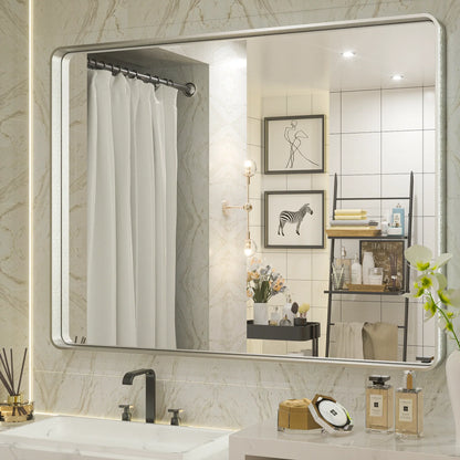 Silver Round Corner Metal Frame Mirror – Rectangular Wall Mirror with Polished Beveled Edge – Modern Vanity and Bathroom Mirror