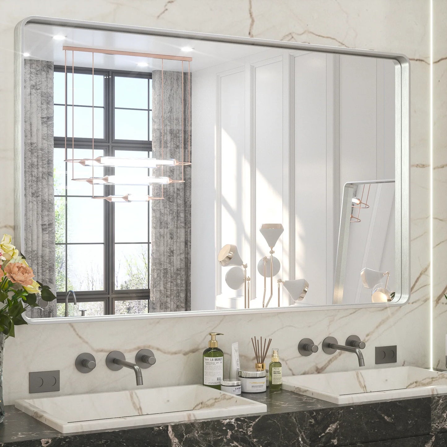 Silver Round Corner Metal Frame Mirror – Rectangular Wall Mirror with Polished Beveled Edge – Modern Vanity and Bathroom Mirror