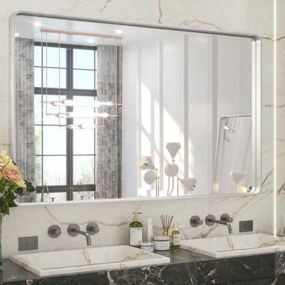 Silver Round Corner Metal Frame Mirror – Rectangular Wall Mirror with Polished Beveled Edge – Modern Vanity and Bathroom Mirror