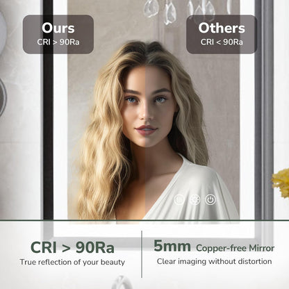 40x30 Black Frontlit LED Bathroom Mirror with 3 CCT – Dimmable - Anti-Fog - Metal Frame