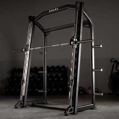Commercial Smith Machine with heavy-duty steel, 7° angled uprights, and self-spotting features for safe workouts.
