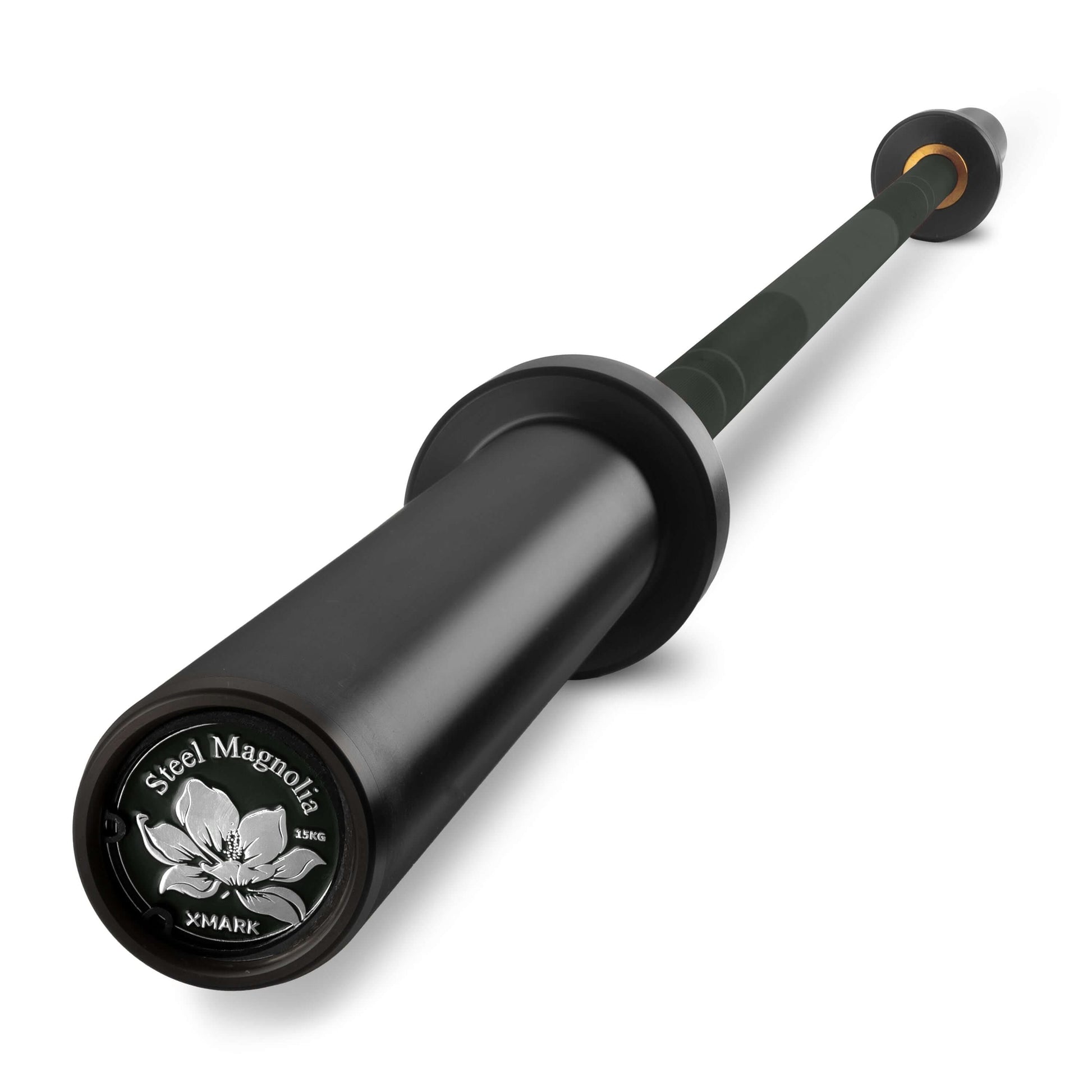 Steel Magnolia IWF women’s training bar showcasing a durable design with a sleek black finish and flower logo.
