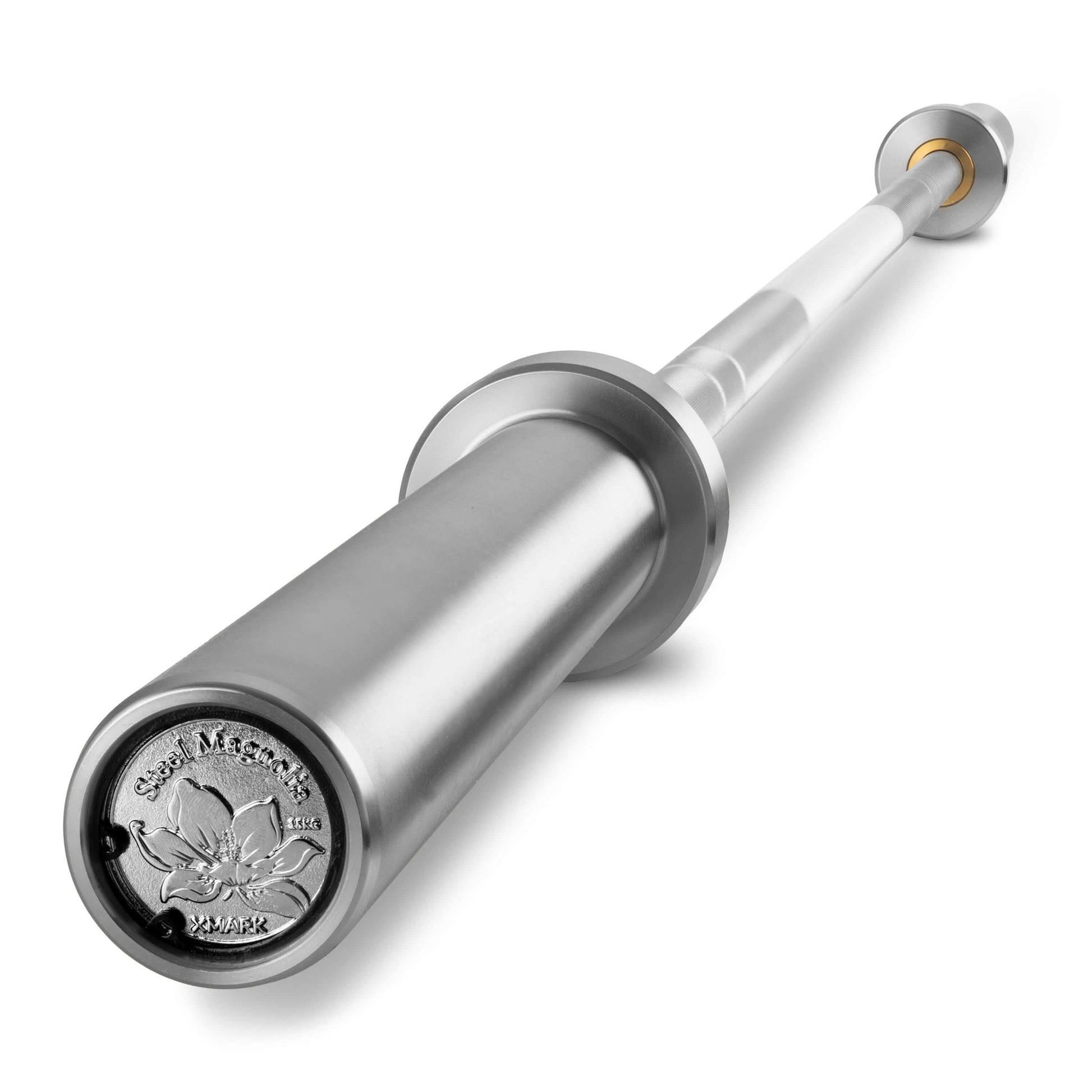 Close-up of Steel Magnolia IWF Women’s Training Bar, featuring durable steel and sleek design for strength training.