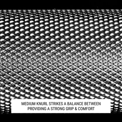 Close-up of medium knurl pattern on weightlifting bar, showcasing grip and comfort features.