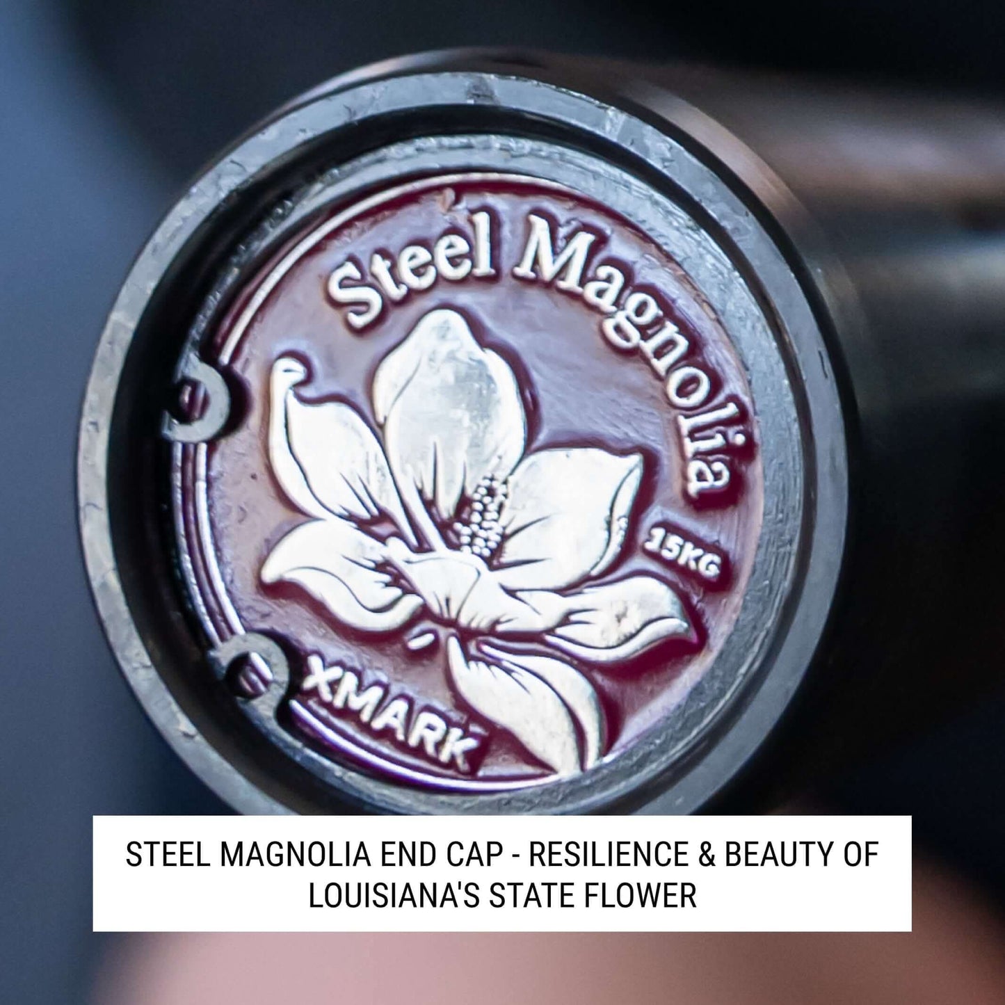 Steel Magnolia end cap featuring a magnolia flower design, symbolizing strength and beauty in a durable black finish.