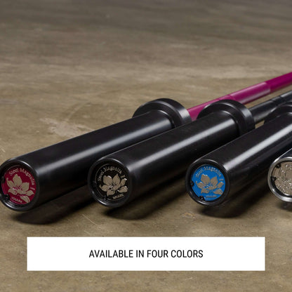 Four Steel Magnolia IWF training bars in different colors, featuring durable black shafts and colorful end caps.