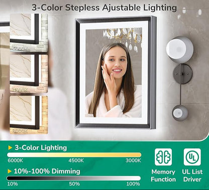 40x30 Black Frontlit LED Bathroom Mirror with 3 CCT – Dimmable - Anti-Fog - Metal Frame