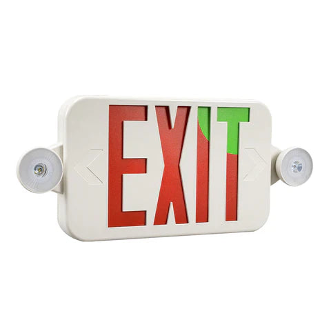 LED Exit Sign with Dual Head Emergency Lights - 2W - Red & Green Switchable Lens - Adjustable CCT 6000K-7000K - 120-277V - 3.6V 1000mAh Battery - UL Listed