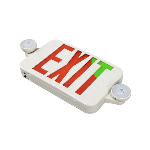 LED Exit Sign with Dual Head Emergency Lights - 2W - Red & Green Switchable Lens - Adjustable CCT 6000K-7000K - 120-277V - 3.6V 1000mAh Battery - UL Listed