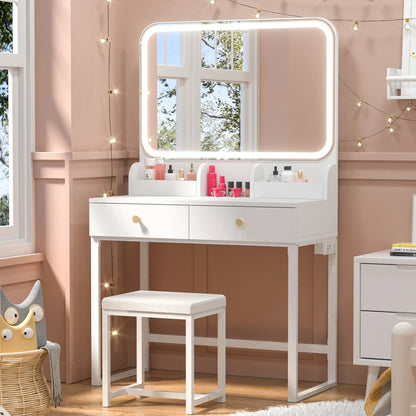 White Vanity Desk with Lighted Mirror and Chair – Makeup Vanity Set with 2 Drawers - Storage Shelves - USB Ports & Outlets – Compact Design for Small Spaces