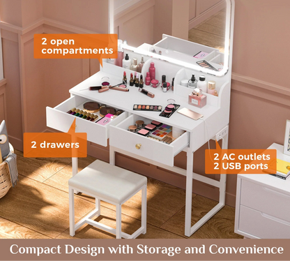 White Vanity Desk with Lighted Mirror and Chair – Makeup Vanity Set with 2 Drawers - Storage Shelves - USB Ports & Outlets – Compact Design for Small Spaces