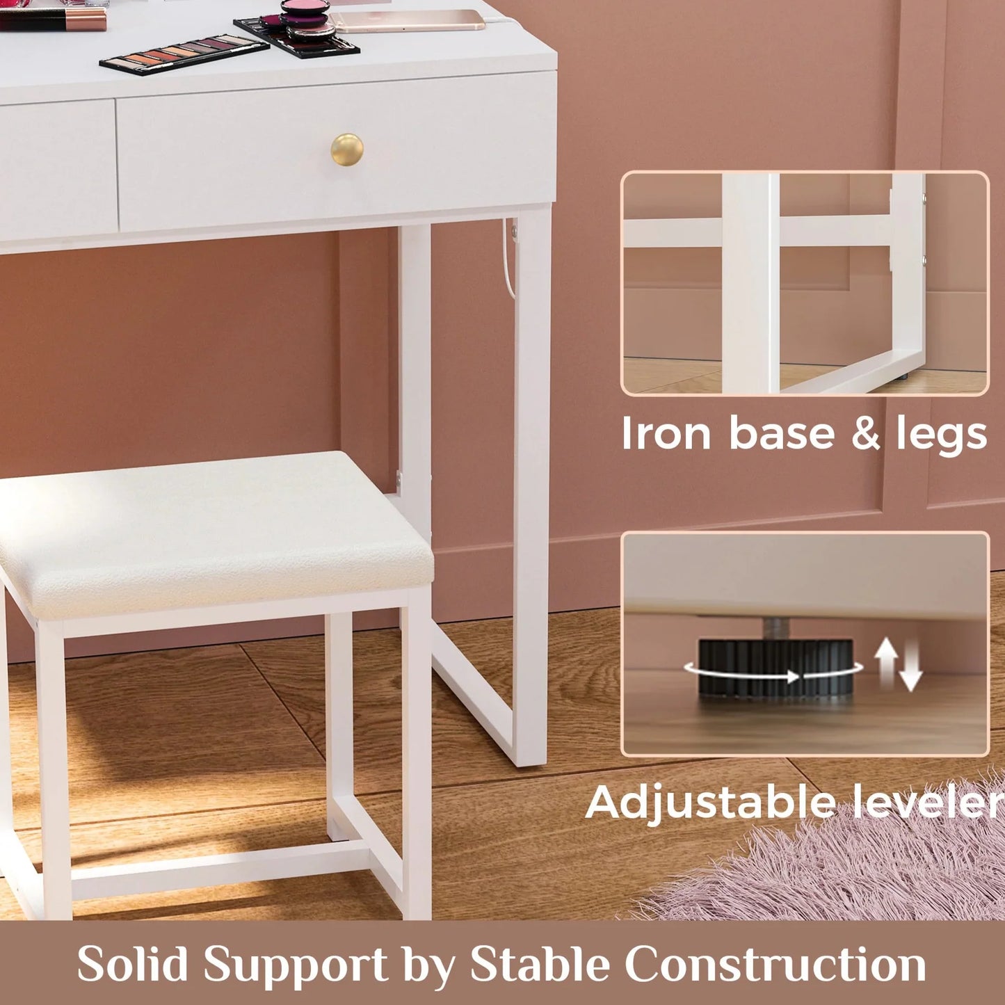 White Vanity Desk with Lighted Mirror and Chair – Makeup Vanity Set with 2 Drawers - Storage Shelves - USB Ports & Outlets – Compact Design for Small Spaces