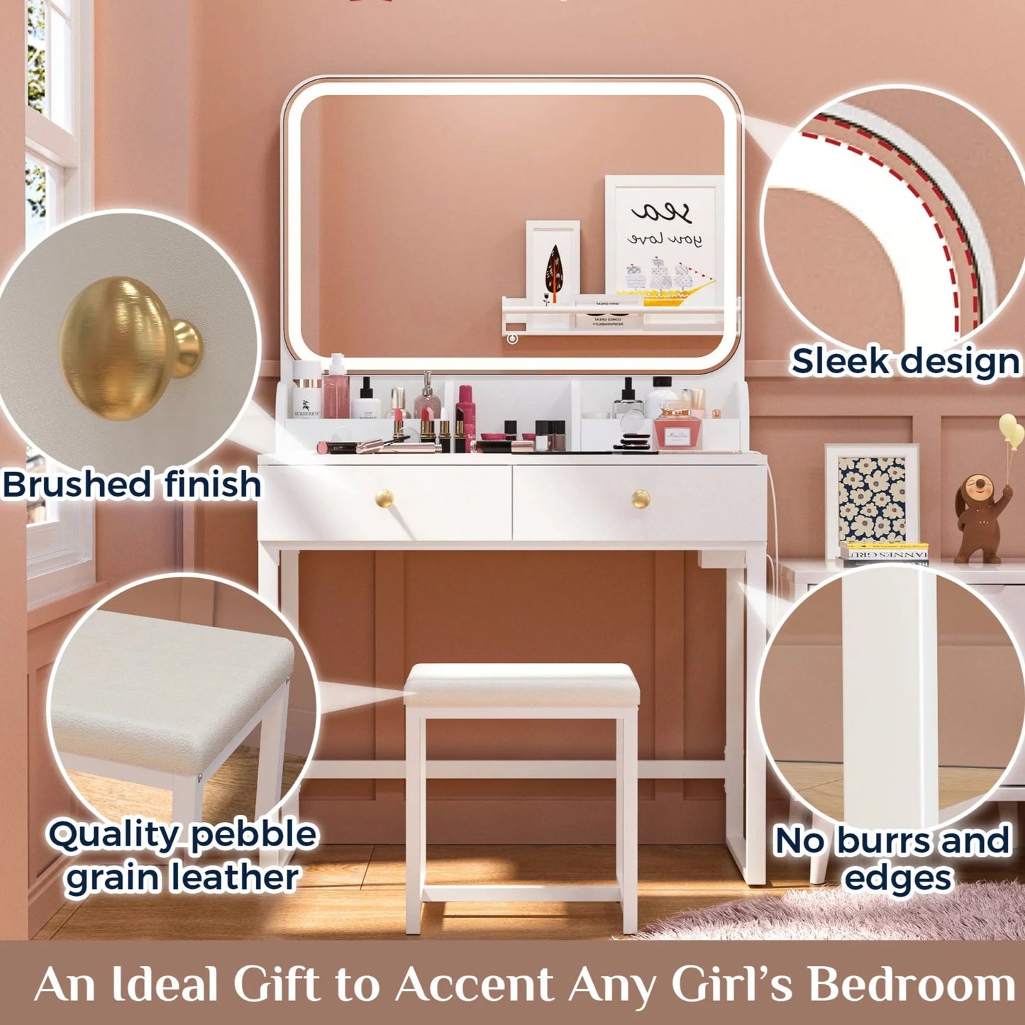 White Vanity Desk with Lighted Mirror and Chair – Makeup Vanity Set with 2 Drawers - Storage Shelves - USB Ports & Outlets – Compact Design for Small Spaces