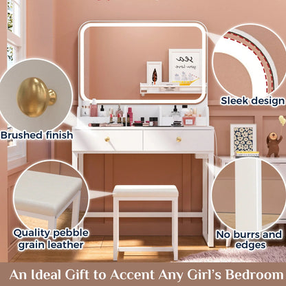 White Vanity Desk with Lighted Mirror and Chair – Makeup Vanity Set with 2 Drawers - Storage Shelves - USB Ports & Outlets – Compact Design for Small Spaces