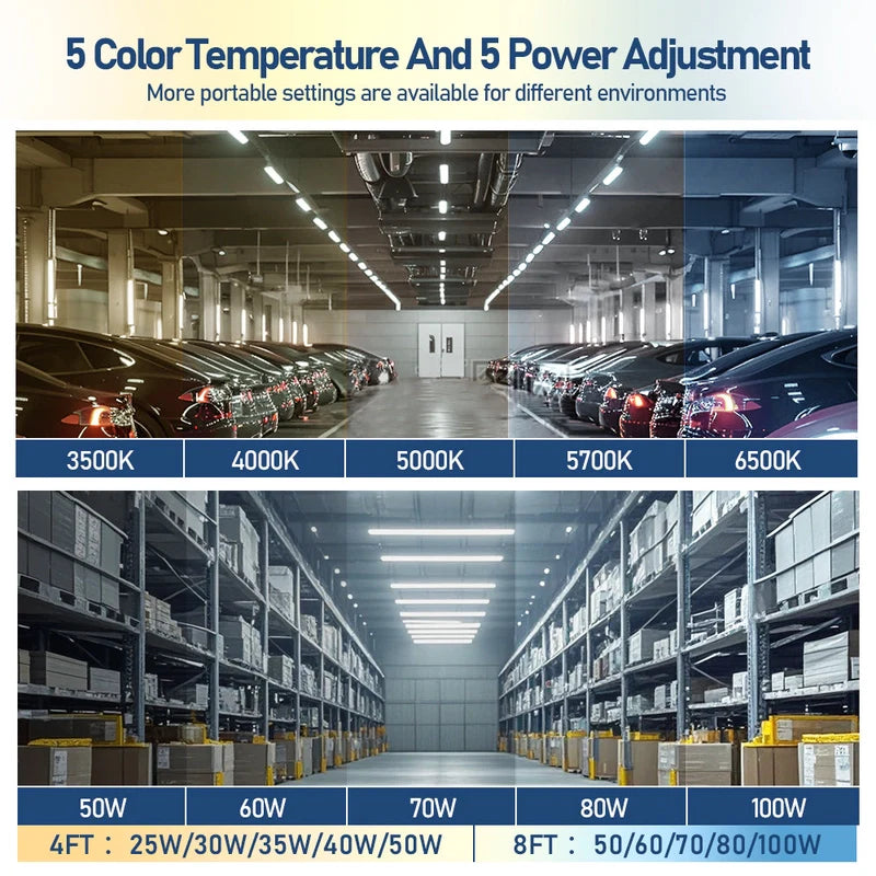 8FT LED Vapor Tight Fixture, Selectable 100W/80W/70W/60W/50W and CCT, 100-277 VAC, 12,500 Lumens