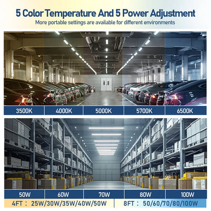 8FT LED Vapor Tight Fixture, Selectable 100W/80W/70W/60W/50W and CCT, 100-277 VAC, 12,500 Lumens