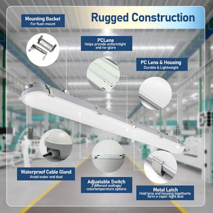 4FT LED Vapor Tight Fixture, Selectable 25W/30W/35W/40W/50W and CCT, 100-277 VAC, 6,500 Lumens
